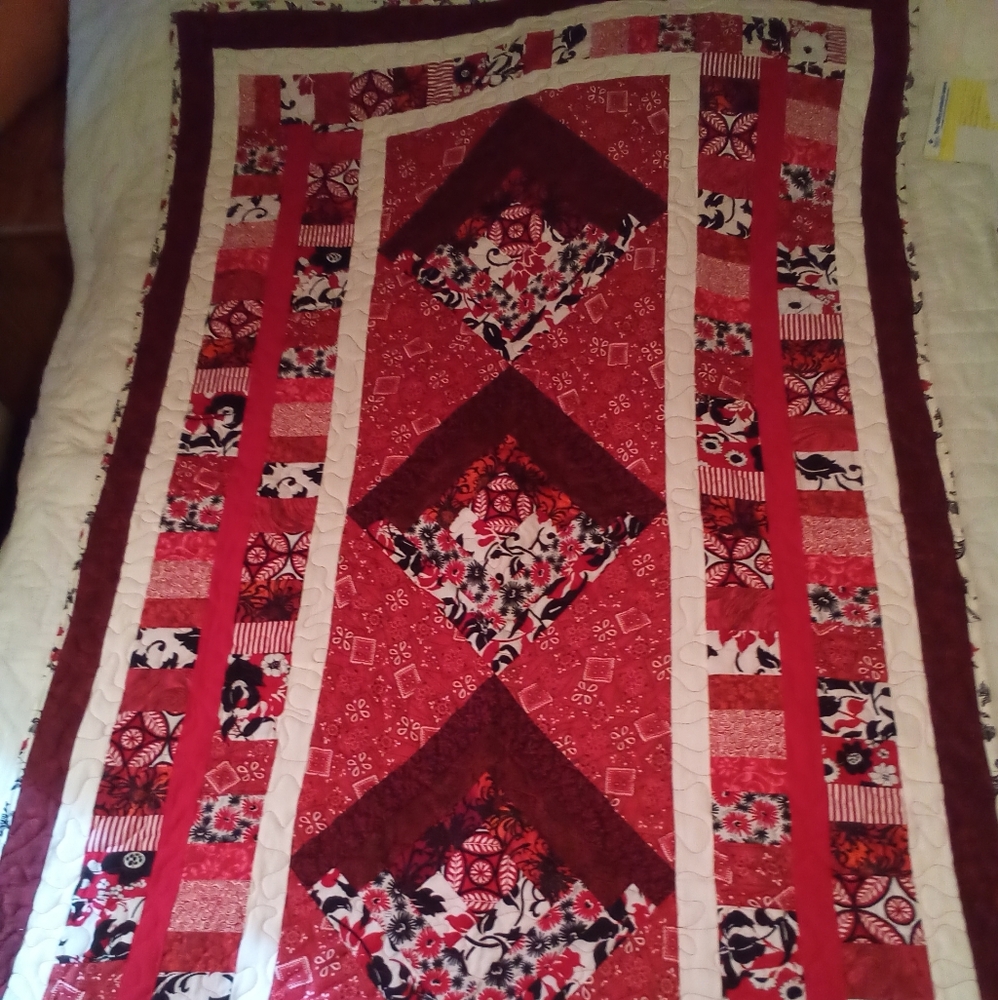 Handmade Red and White Patchwork Quilt